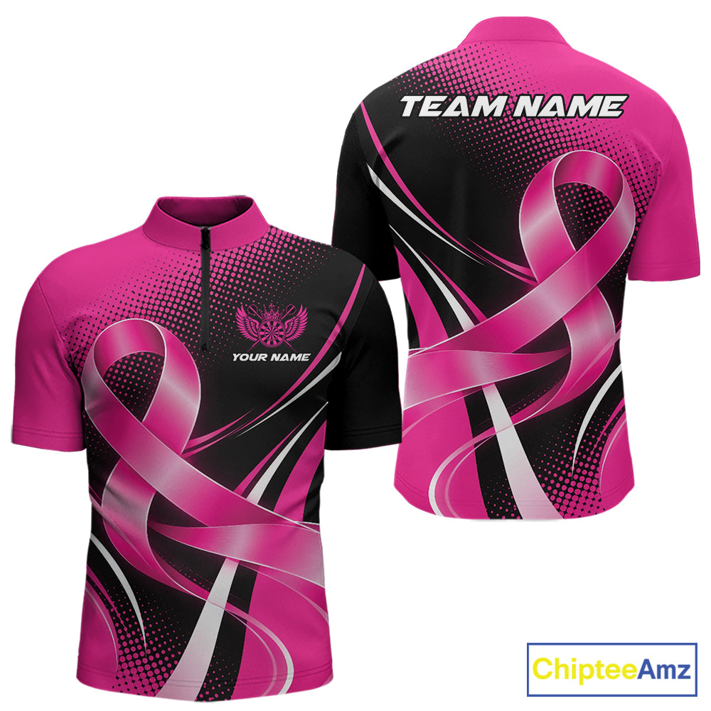 Custom Breast Cancer Awareness Pink Ribbon Dart Men Quarter Zip Shirt, Dart Team Jersey IPHW12105