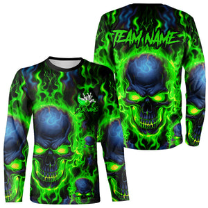 Custom Bowling Long Sleeve Shirts Men Green Flame Skull Team Bowling Jerseys Halloween Outfit IPHW5379