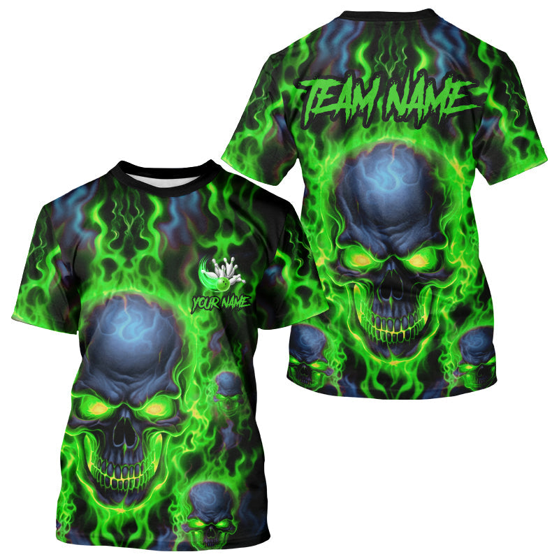 Custom Bowling T-Shirts Men Green Flame Skull Team Bowling Jerseys Halloween Bowler Outfits IPHW5379