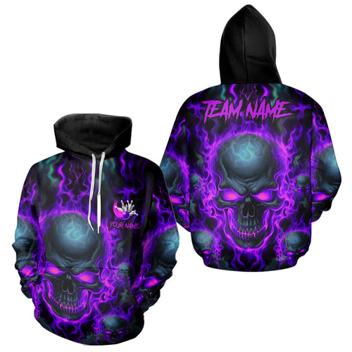 Custom Bowling Hoodie Shirts Men Purple Flame Skull Team Bowling Jerseys Halloween Outfits IPHW5380