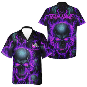 Custom Bowling Hawaiian Shirts Men Purple Flame Skull Team Bowling Jerseys Halloween Outfits IPHW5380