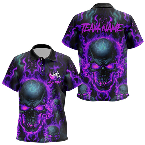 Custom Bowling Polo Shirts Kid Purple Flame Skull Team Bowling Jerseys Halloween Outfits IPHW5380