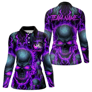 Custom Bowling Long Sleeve Polo Shirts Women Purple Flame Skull Team Bowling Jerseys IPHW5380