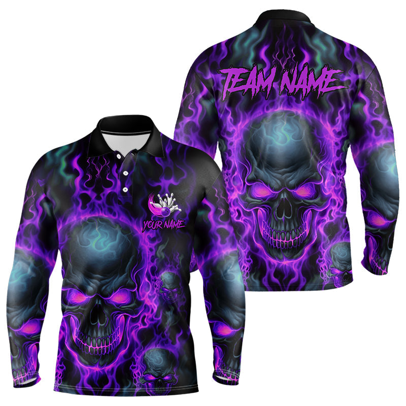 Custom Bowling Long Sleeve Polo Shirts Men Purple Flame Skull Team Bowling Jerseys Halloween Outfits IPHW5380