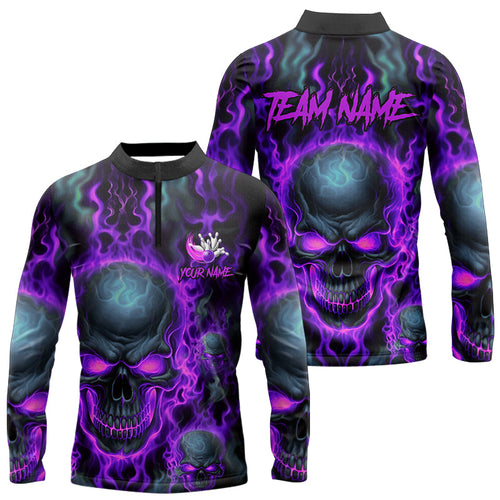 Custom Bowling Long Sleeve Quarter-Zip Shirts Men Purple Flame Skull Bowling Halloween Outfits IPHW5380