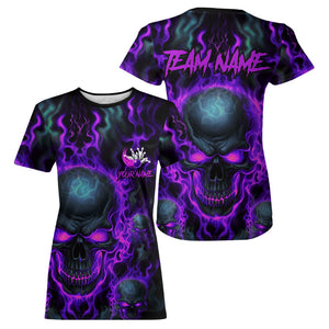 Custom Bowling T-Shirts Women Purple Flame Skull Team Bowling Jerseys Halloween Outfits IPHW5380