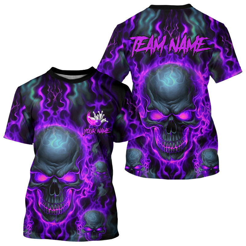 Custom Bowling T-Shirts Men Purple Flame Skull Team Bowling Jerseys Halloween Outfits IPHW5380