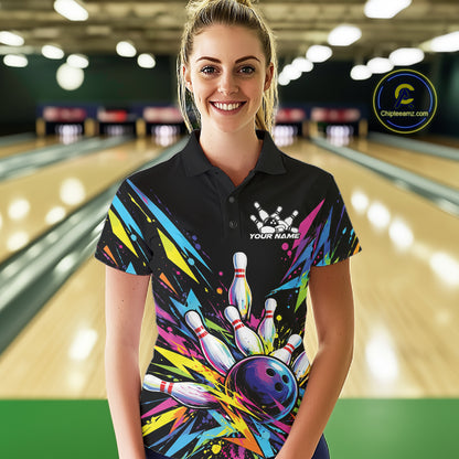 Custom Colorful Bowling Team Polo Shirt For Women, Bowling Tournament Jersey Bowler Gift IPHW12402