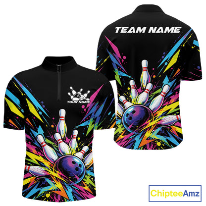 Custom Colorful Bowling Team Quarter Zip Shirt For Men, Bowling Tournament Jersey Bowler Gift IPHW12402