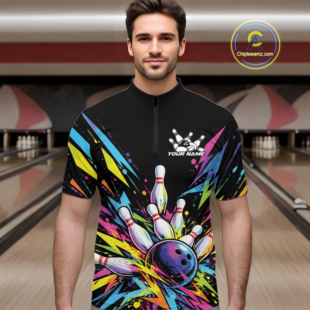 Custom Colorful Bowling Team Quarter Zip Shirt For Men, Bowling Tournament Jersey Bowler Gift IPHW12402