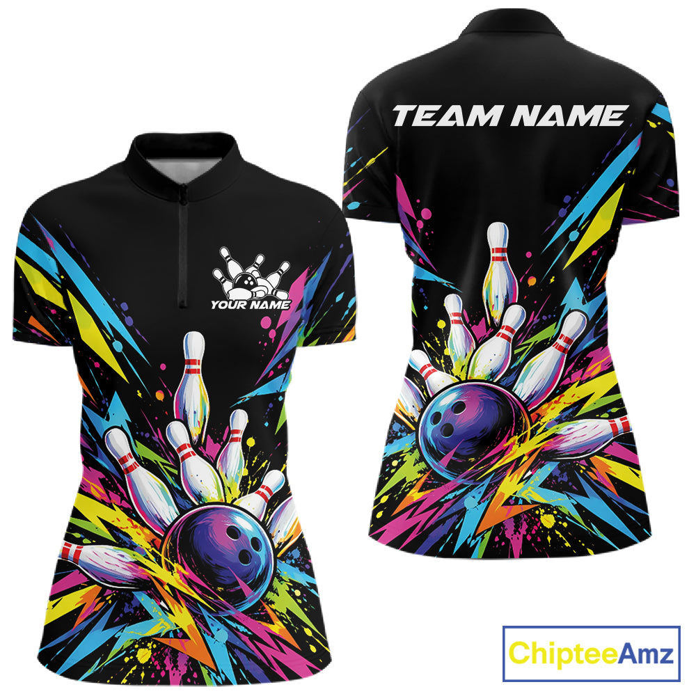 Custom Colorful Bowling Team Quarter-Zip Shirt For Women, Bowling Jersey Bowler Gift IPHW12402