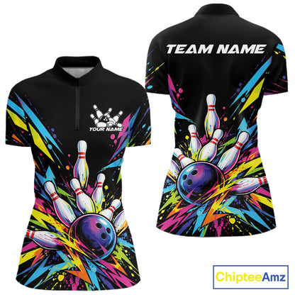 Custom Colorful Bowling Team Quarter-Zip Shirt For Women, Bowling Jersey Bowler Gift IPHW12402
