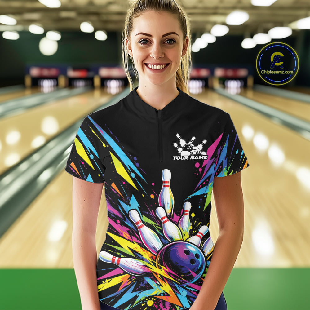 Custom Colorful Bowling Team Quarter-Zip Shirt For Women, Bowling Jersey Bowler Gift IPHW12402