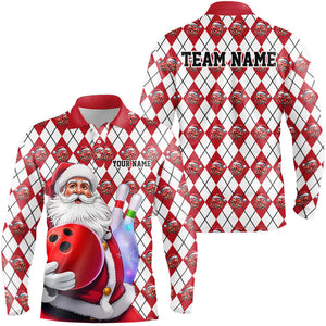 White And Red Bowling Argyle Pattern Custom Funny Christmas Santa Bowling Team Shirts For Men IPHW7846