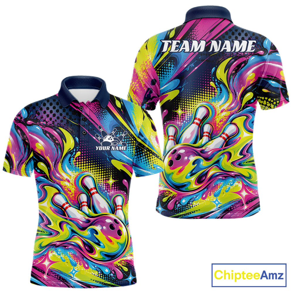 Custom Colorful Splatter Bowling Men Polo Tournament Team Shirt, Bowling League Outfit IPHW12847