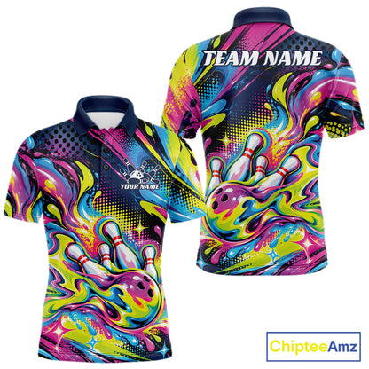 Custom Colorful Splatter Bowling Men Polo Tournament Team Shirt, Bowling League Outfit IPHW12847
