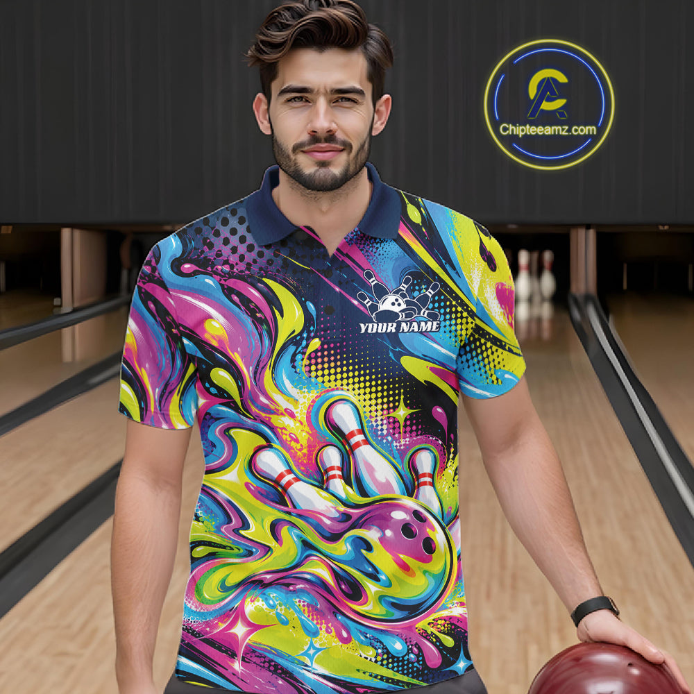 Custom Colorful Splatter Bowling Men Polo Tournament Team Shirt, Bowling League Outfit IPHW12847