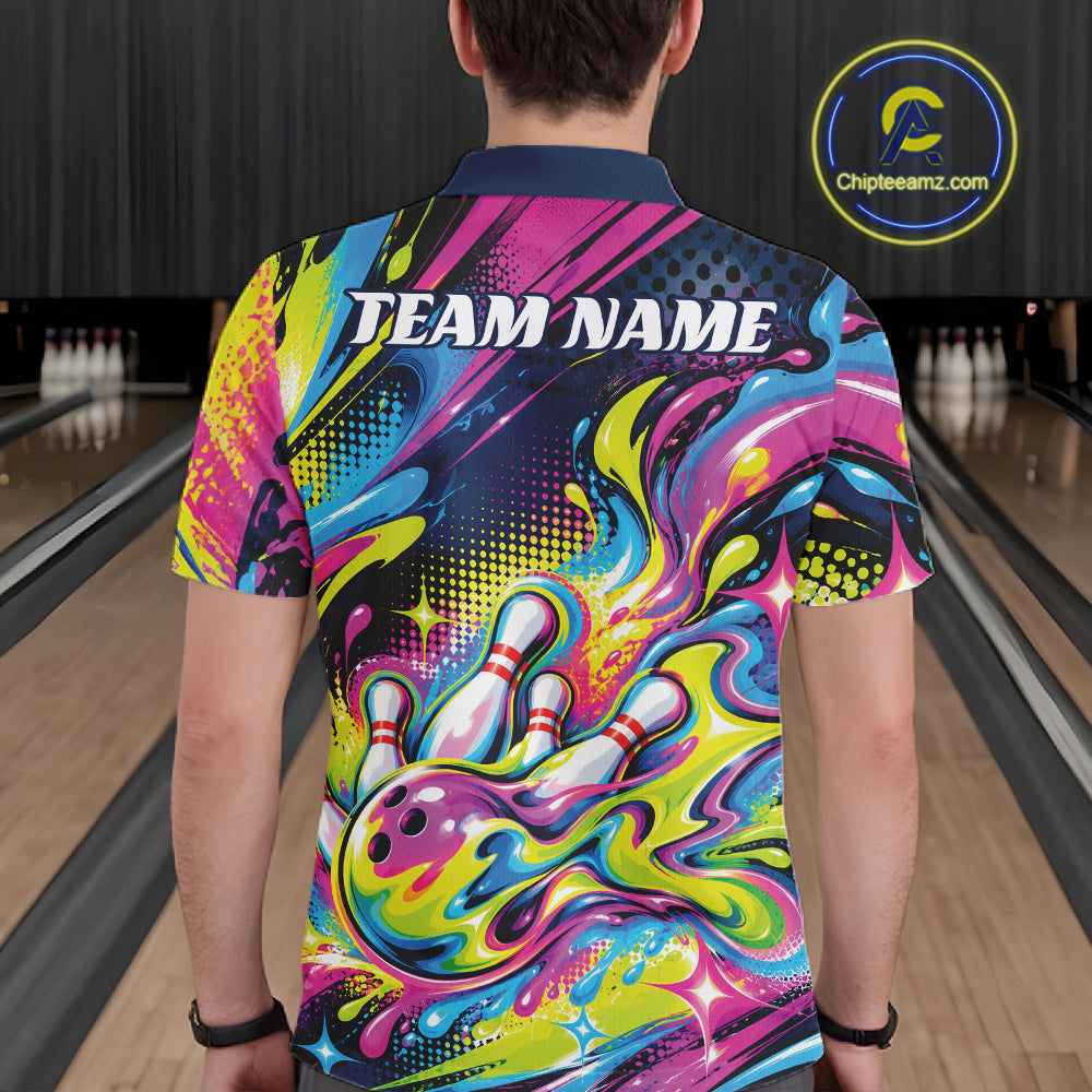Custom Colorful Splatter Bowling Men Polo Tournament Team Shirt, Bowling League Outfit IPHW12847