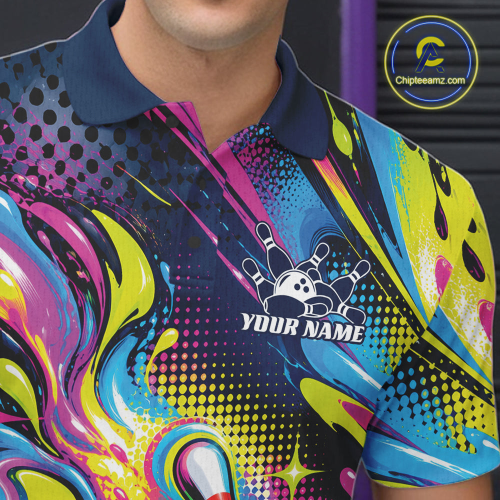Custom Colorful Splatter Bowling Men Polo Tournament Team Shirt, Bowling League Outfit IPHW12847