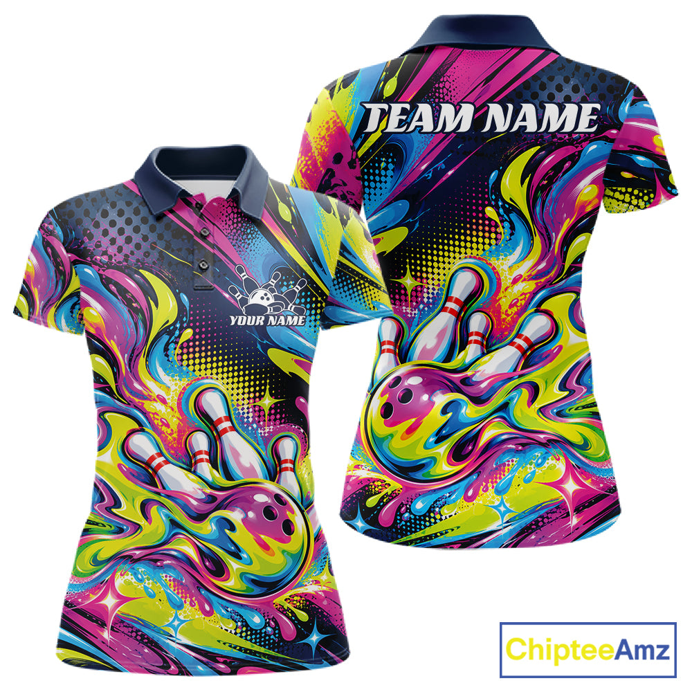Custom Colorful Splatter Bowling Women Polo Tournament Team Shirt, Bowling League Outfit IPHW12847