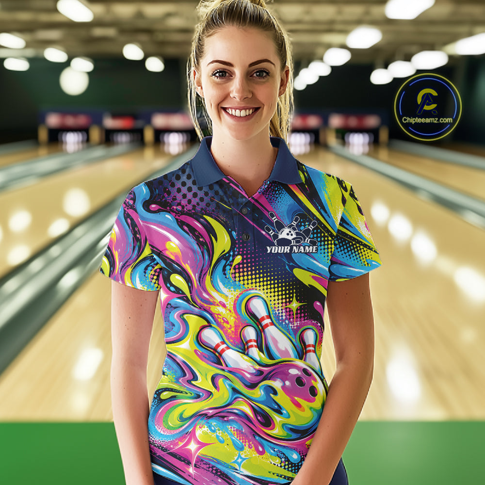 Custom Colorful Splatter Bowling Women Polo Tournament Team Shirt, Bowling League Outfit IPHW12847
