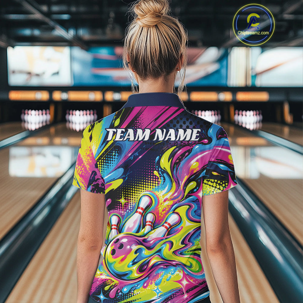 Custom Colorful Splatter Bowling Women Polo Tournament Team Shirt, Bowling League Outfit IPHW12847