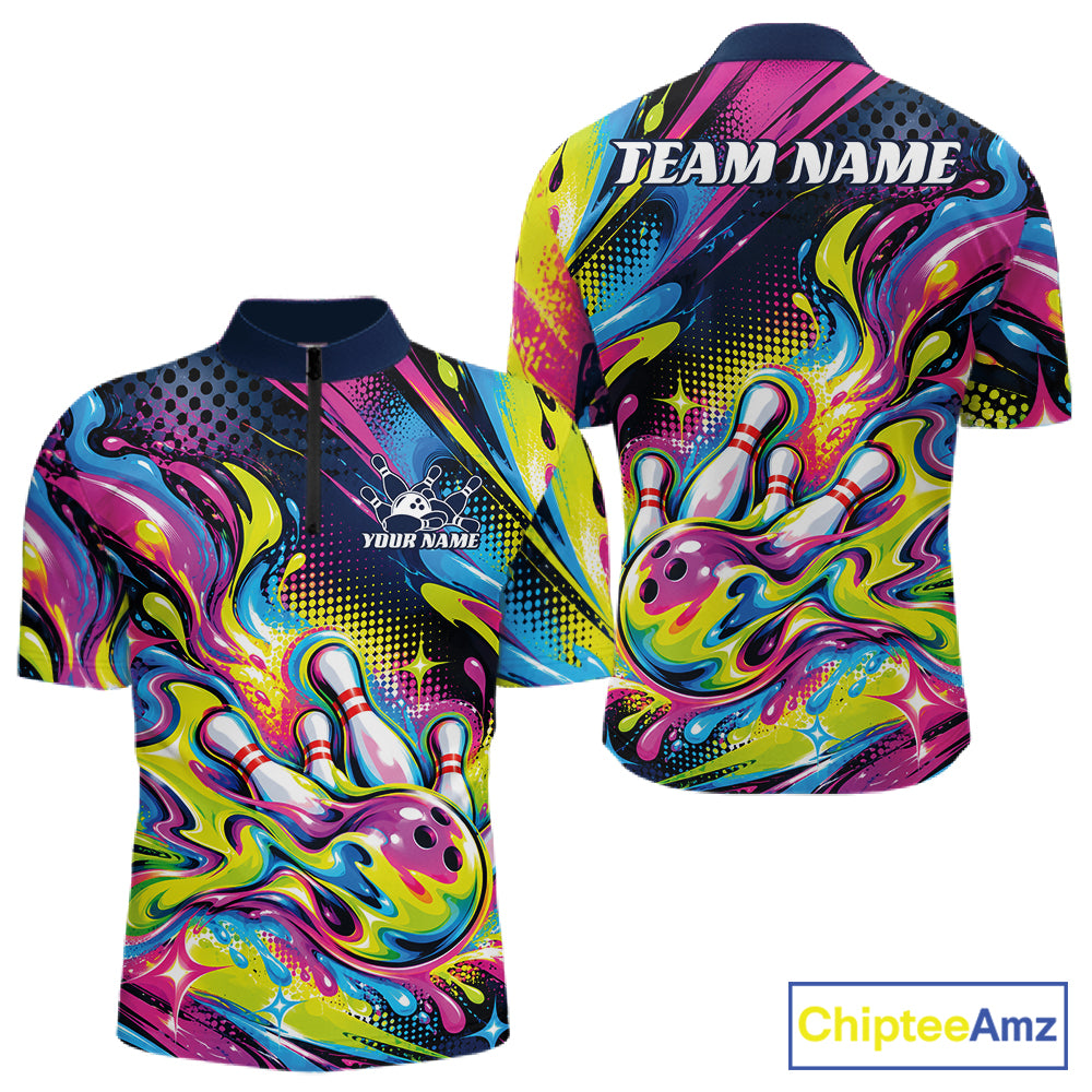 Custom Colorful Splatter Bowling Men Quarter Zip Tournament Team Shirt, Bowling League Outfit IPHW12847