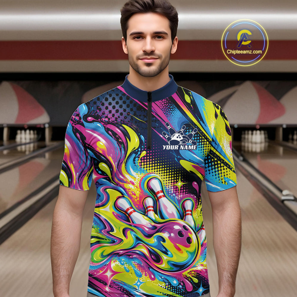 Custom Colorful Splatter Bowling Men Quarter Zip Tournament Team Shirt, Bowling League Outfit IPHW12847