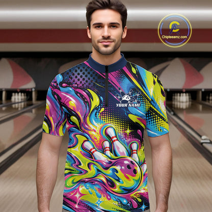Custom Colorful Splatter Bowling Men Quarter Zip Tournament Team Shirt, Bowling League Outfit IPHW12847