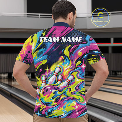 Custom Colorful Splatter Bowling Men Quarter Zip Tournament Team Shirt, Bowling League Outfit IPHW12847