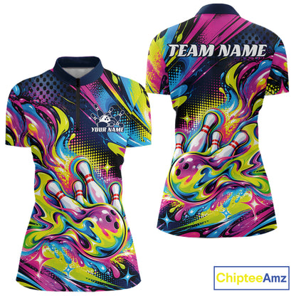 Custom Colorful Splatter Bowling Women Quarter-Zip Tournament Team Shirt, Bowler Outfit IPHW12847