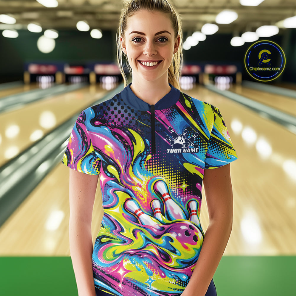 Custom Colorful Splatter Bowling Women Quarter-Zip Tournament Team Shirt, Bowler Outfit IPHW12847