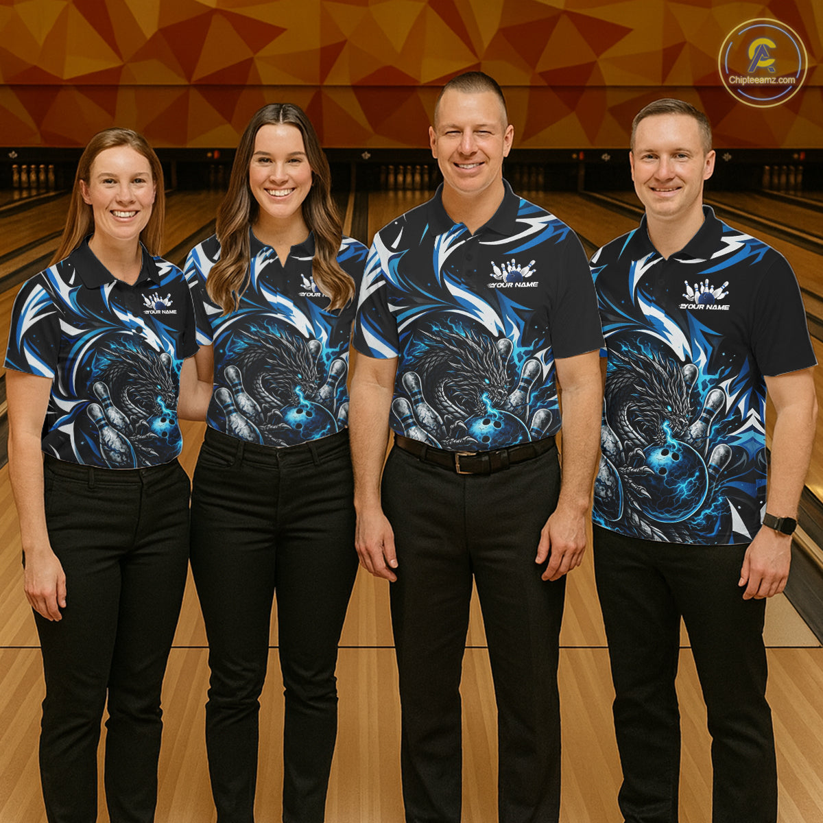 Custom Blue Lightning Dragon Bowling Men Polo Shirts, Dragon Bowling League Shirt IPHW10355