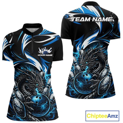 Custom Blue Lightning Dragon Bowling Women Quarter-Zip Shirts, Bowling League Shirt IPHW10355