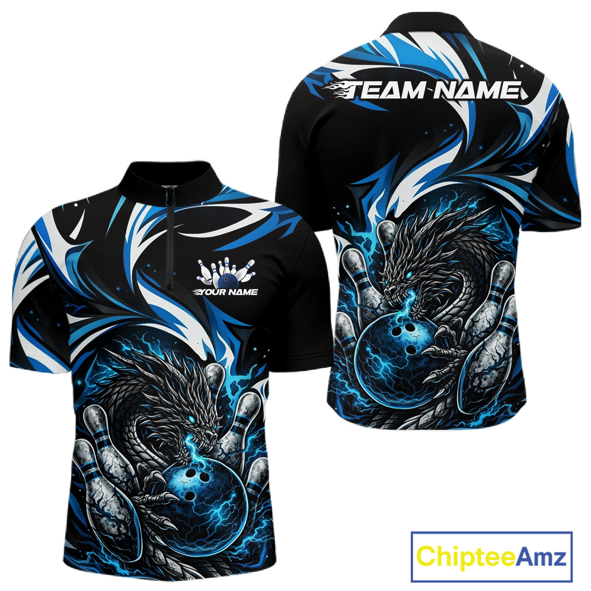 Custom Blue Lightning Dragon Bowling Men Quarter-Zip Shirts, Dragon Bowling League Shirt IPHW10355