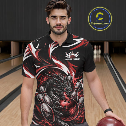 Custom Red Lightning Dragon Bowling Men Polo Shirts, Dragon Bowling League Shirt IPHW10356