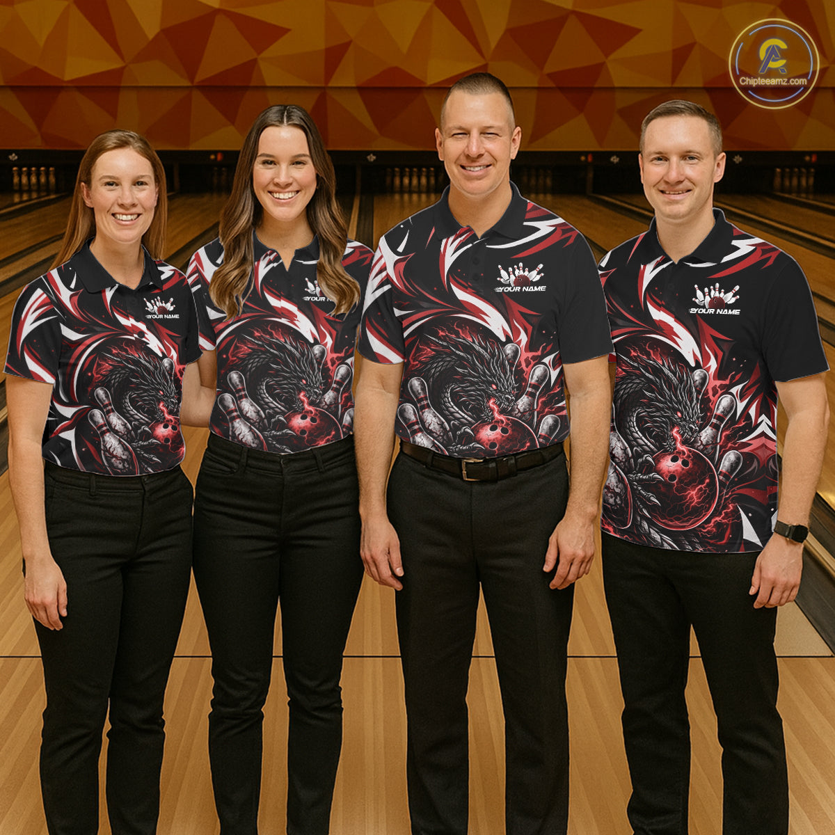 Custom Red Lightning Dragon Bowling Men Polo Shirts, Dragon Bowling League Shirt IPHW10356