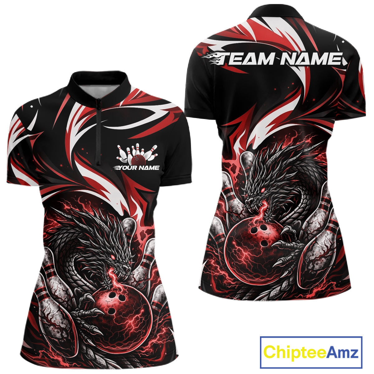Custom Red Lightning Dragon Bowling Women Quarter-Zip Shirts, Bowling League Shirt IPHW10356