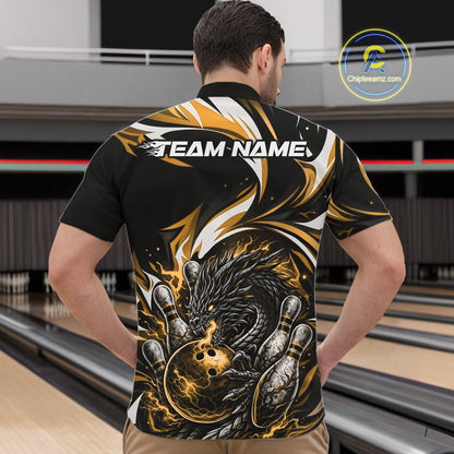 Custom Gold Lightning Dragon Bowling Men Quarter-Zip Shirts, Dragon Bowling League Shirt IPHW10357