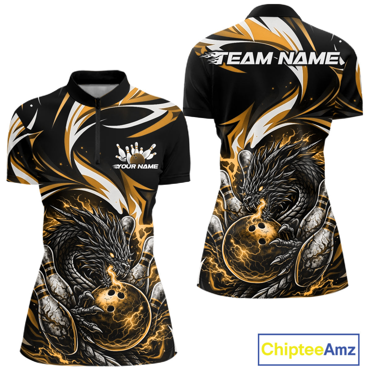 Custom Gold Lightning Dragon Bowling Women Quarter-Zip Shirts, Bowling League Shirt IPHW10357