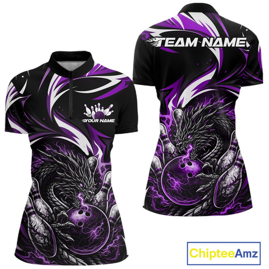 Custom Purple Lightning Dragon Bowling Women Quarter-Zip Shirts, Bowling League Shirt IPHW10358