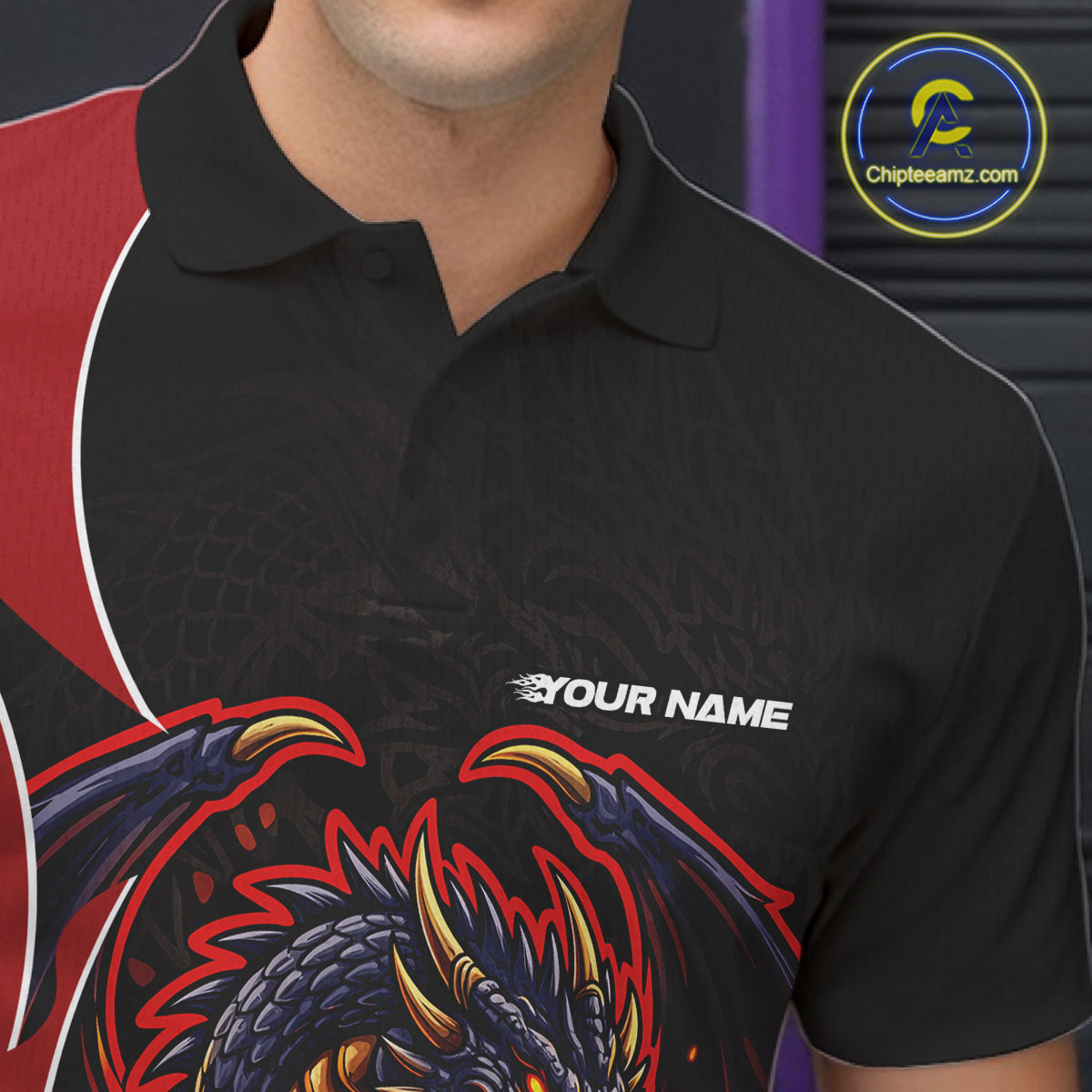 Custom Black And Red Fire Dragon Bowling Jerseys, Dragon Bowling Team Men Polo Shirt IPHW10365