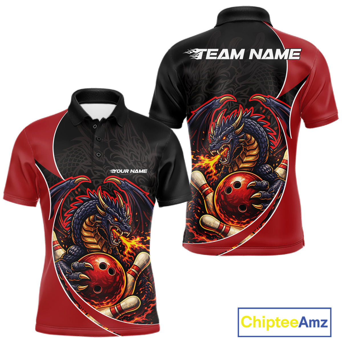 Custom Black And Red Fire Dragon Bowling Jerseys, Dragon Bowling Team Men Polo Shirt IPHW10365