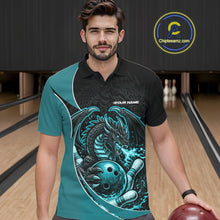 Load image into Gallery viewer, Custom Turquoise Blue Fire Dragon Bowling Jerseys, Dragon Bowling Team Men Polo Shirt IPHW10366