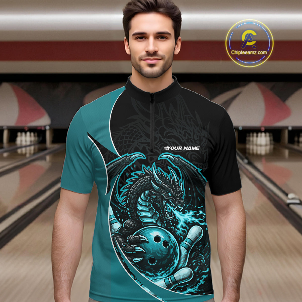 Custom Turquoise Blue Fire Dragon Bowling Jerseys, Dragon Bowling Team Men Quarter-Zip Shirt IPHW10366