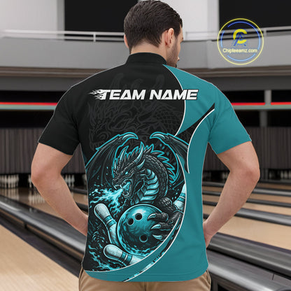 Custom Turquoise Blue Fire Dragon Bowling Jerseys, Dragon Bowling Team Men Quarter-Zip Shirt IPHW10366