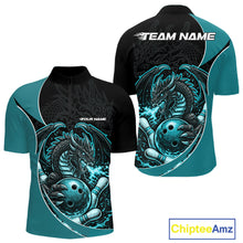 Load image into Gallery viewer, Custom Turquoise Blue Fire Dragon Bowling Jerseys, Dragon Bowling Team Men Quarter-Zip Shirt IPHW10366
