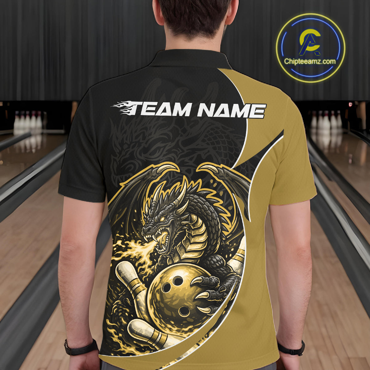 Custom Yellow Fire Dragon Bowling Jerseys, Dragon Bowling Team Men Polo Shirt IPHW10367