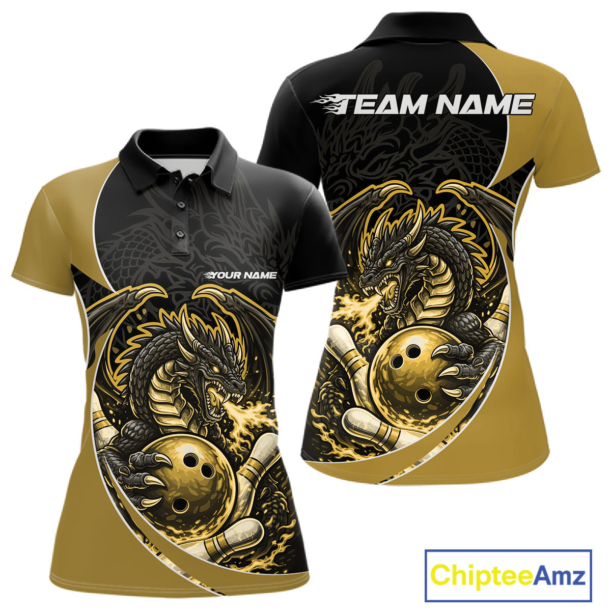 Custom Yellow Fire Dragon Bowling Jerseys, Dragon Bowling Team Women Polo Shirt IPHW10367