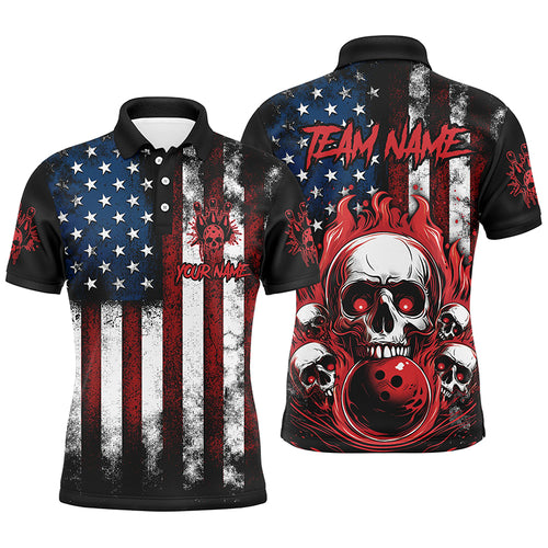 American Flag Flame Skull Custom Bowling Team Shirts, Patriotic Bowling Jerseys IPHW5856